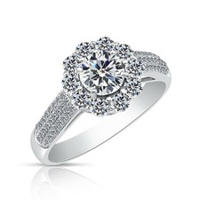 Classic Sterling Silver Flower Halo Engagement Ring with Cubic Zirconia