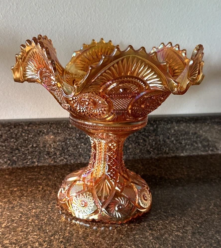 Antique Marigold Carnival Glass Large Compote Punch 2 Pc Pedestal Bowl Gorgeous!