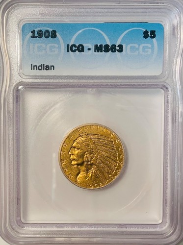 1908 ICG MS63 INDIAN HEAD HALF EAGLE $5 GOLD