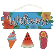WELCOME Summer Sign Ice Cream Cone Watermelon Sandal Decor Glitter Wall Door NEW