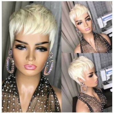 Short Blonde Pixie Wig Real Remy Human Hair Wigs Heat Safe Full Machine Made Wig