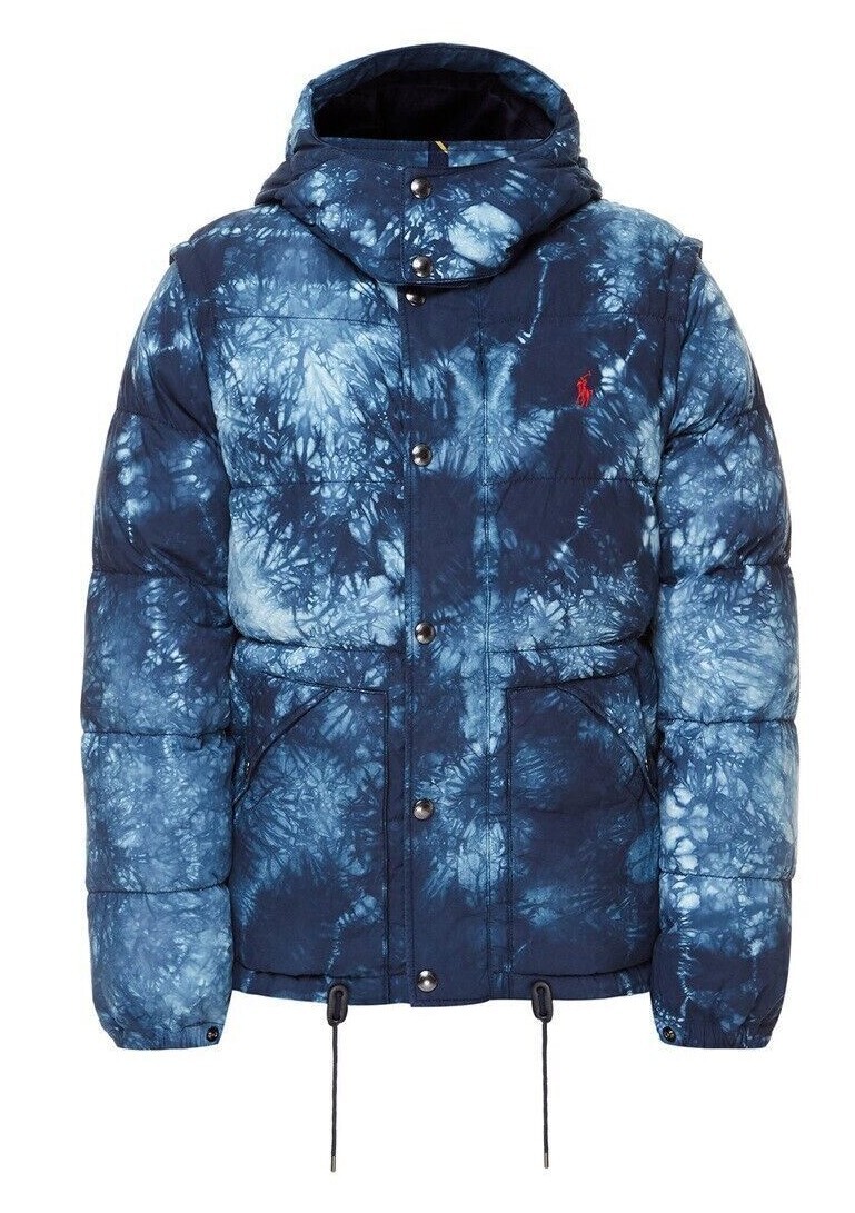 Polo Ralph Lauren Navy tie dye con cappuccio pony down boulder puffer coat giacca nuovo con etichette