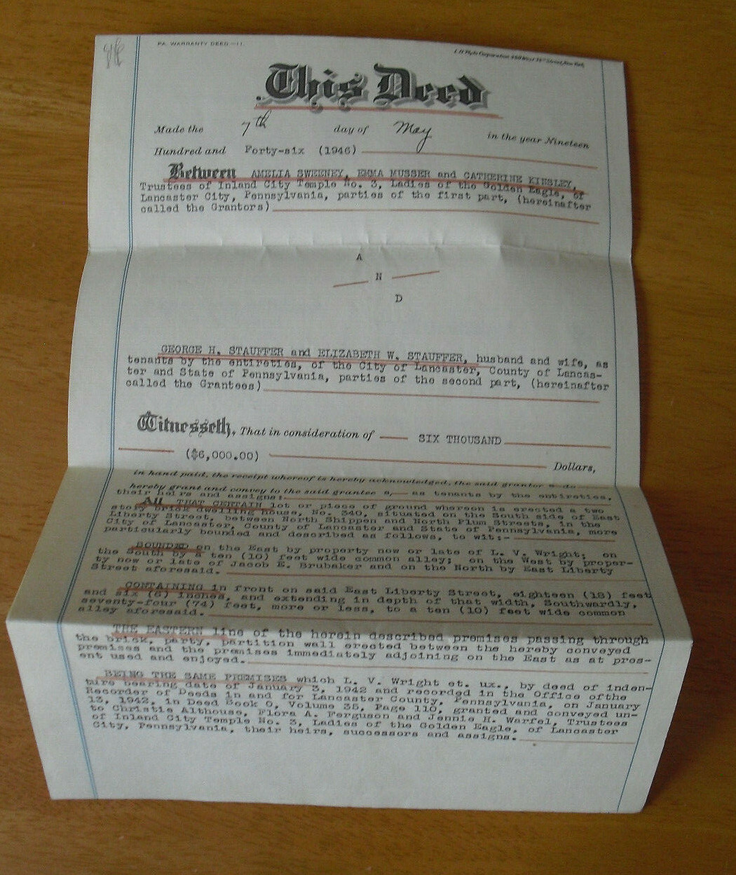Original Vintage 1946 Lancaster County Pennsylvania Land Deed eBay