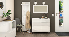 Garderobenset 3-teilig Metallfüße Kommode Spiegel Paneel Weiß Hochglanz HAAMA