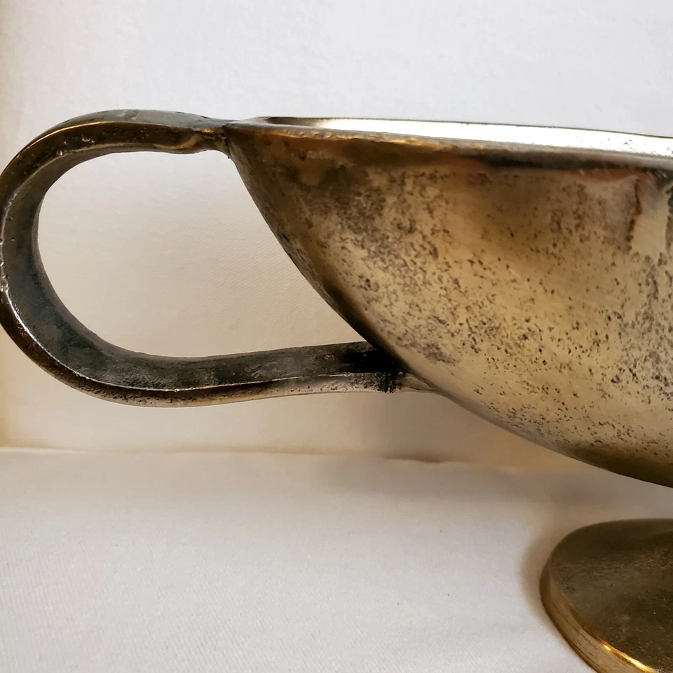 Heavy Silver Metal Oblong Pedestal Bowl With Handles- Handmade And Primitive - Image 4 of 4