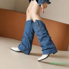 Women Mid Block Heel Denim Jeans Fold Over Mid Calf Boots Cuffed Knee High Shoes