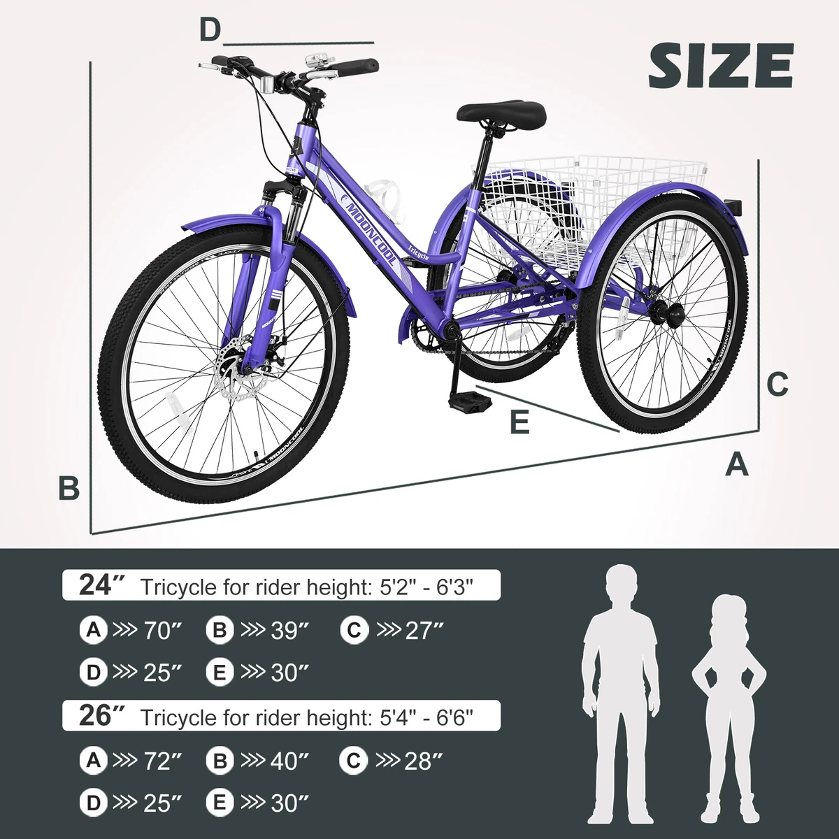 MOONCOOL 24Inch Mountain Bike 3Wheel Trike w Basket Leisure