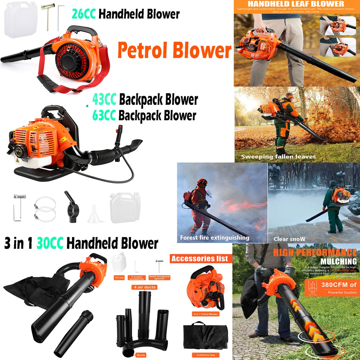 Gasoline Backpack 63CC 2 Stroke Gas Backpack Leaf Blower Commercial 665 CFM Commercial ...