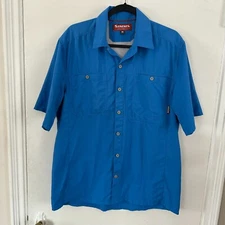 Simms Vented Fishing Shirt Button Up Blue Short Sleeve Mens Size Medium