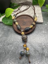 28 Brown Braided Long Sweater Necklace 3 Stone Pendant New Free Ship A2893