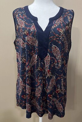 Women s Flowy Paisley Tank Top L Boho Blue Stretch Art Artsy Western Cool VNeck
