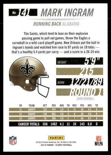 Mark Ingram 2014 Score #141 New Orleans Saints ALABAMA - Picture 2 of 2