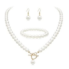 Pearl Choker Necklace for Women Faux Pearl Beads Strand Necklace Heart Toggle