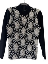Vintage Outlander Black White Beaded Embellished Crew Neck Wool Sweater Sz. S