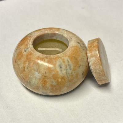 Small Round Marbled Stone Jar with Lid, Polished Beige Orange Gray candle 
