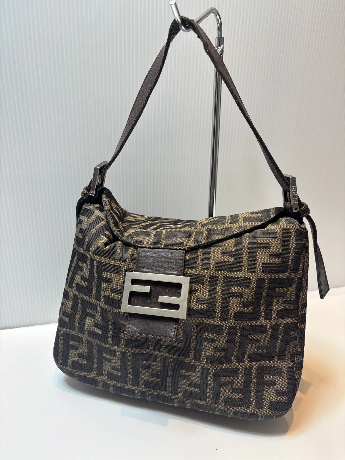 Autentica borsa a tracolla FENDI Zucca Mamma Baguette tela pelle marrone