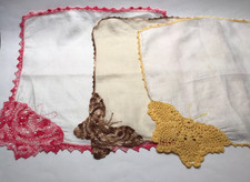 3 Vtg Linen Handkerchiefs Handmade w/ Crocheted Butterfly Corners Edging Hankies