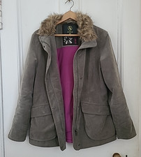 Aigle Woman’s Khaki Green Alky Corduroy Jacket  Faux Fur Collar Size 44 UK 12
