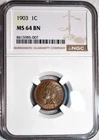 NGC MS-64 BN 1903 Indian Head Cent, Sharply Struck, Frosty specimen.