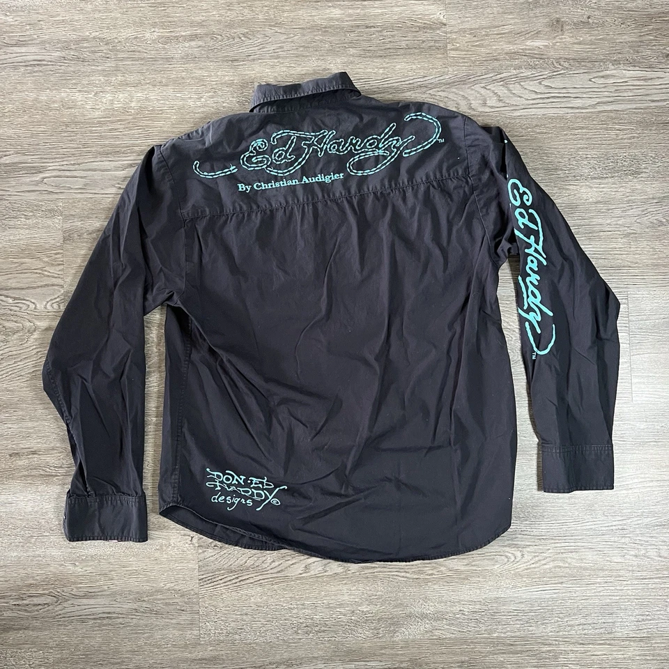 Camisa Ed Hardy Por Christian Audigier Abotonada Para Hombres Grande Grunge Calaveras Graffiti Foto 2 de 4