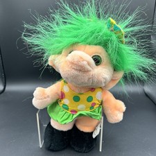Trolio Troll Plush 8” Doll Polka Dot Dress Bright Green Hair Vintage 1992