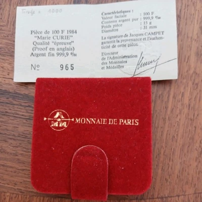 100 franc Marie Curie BE argent 1984 sous capsule 1000EX - Photo 1/3