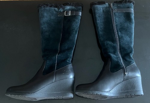 UGG AUSTRALIA MISCHA BLACK LEATHER TALL WEDGE BOOTS (UK Size 7.5) RRP £225 - Picture 2 of 24