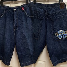 JNCO SZ 38 90s Y2K Denim Wide Leg Shorts 8 Ball Snake Patch PRISTINE Condition
