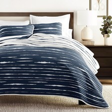 Full Queen Reversible Quilt Set 3 Piece Navy Blue Super Soft Microfiber