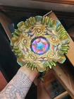 Very Pretty Fenton Green Carnival Glass Heart & Vine Pattern 3&1 Edge Bowl