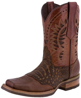 Mens Cognac Western Cowboy Boots Crocodile Belly Pattern Square Toe Real Leather