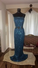 Blue Sequin Strapless Sleeveless Maxi Dress for Women, Long Formal Party Gown