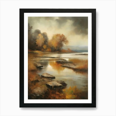 Herbstsee, Waldsee, Vintage Oi gerahmtes Wandbild Poster Leinwanddruck Bild