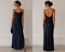 Karina Grimaldi Black Sequin Maxi Dress Open Back Evening Gown Glam Slip DressXS