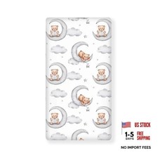 Teddy Bears Fitted Crib Sheet Watercolor Moon Star Clouds Standard Crib Grey