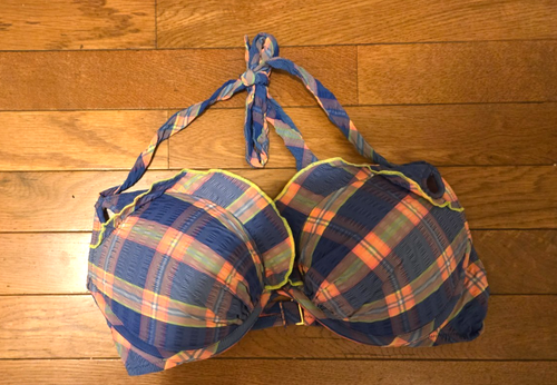 Costume da bagno donna Victoria Secret 34D blu/verde/arancione a quadri con volant imbottito