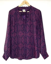 Chico’s 3 / XL Balloon Sleeve Tie Bow Blouse Paisley Print Button Navy/Red