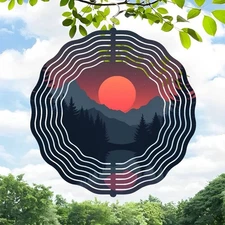 3D Metal Hanging Wind Spinners - Wave Pattern Design with Serene Landscape Red