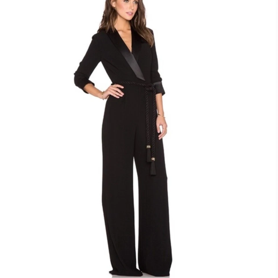 NUEVO SIN ETIQUETAS RACHEL ZOE Esmoquin Negro Pierna Ancha Mono Cuerda Cinturón Talla 6, $650 Minorista Foto 3 de 4