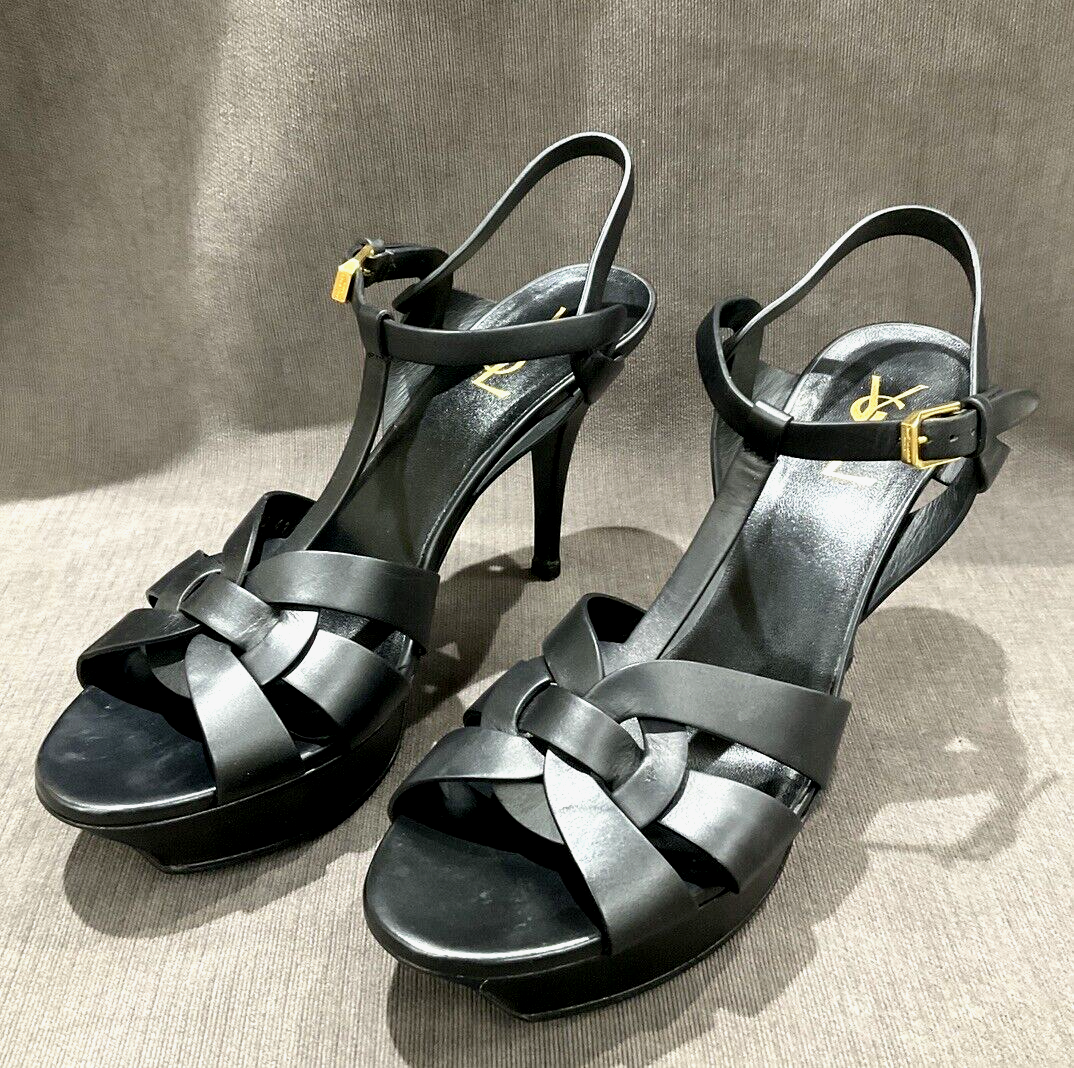 Sandali con tacco YSL Saint Laurent Tribute cinturino a T in pelle nera plateau US 10 5
