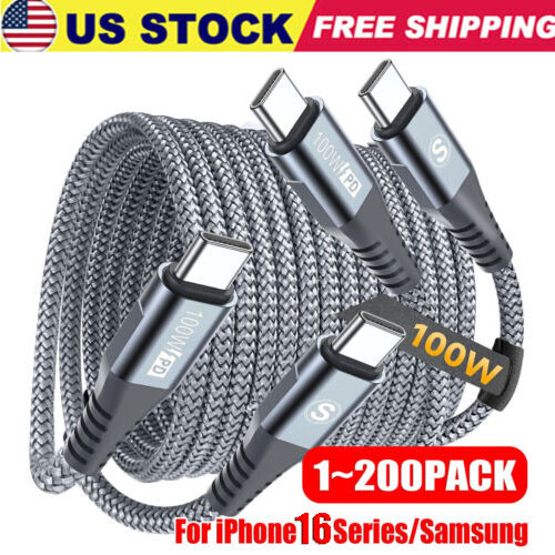 60W USB C to C Cable Fast Charge PD Nylon Cord 3/6/10FT for iPhone16 Samsung lot