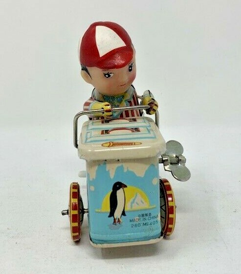 Vintage ICE CREAM VENDOR Wind-Up Pedal Cart Tricycle Toy