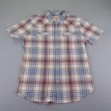 Levis Shirt Mens Medium Blue Red White Plaid Western Pearl Snap Rodeo Ranchwear