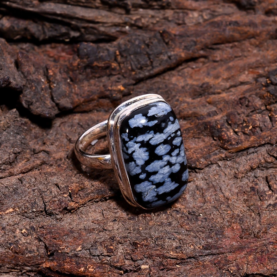 Anel vintage declaração obsidiana floco de neve tamanho 925 prata - Imagem 3 de 4