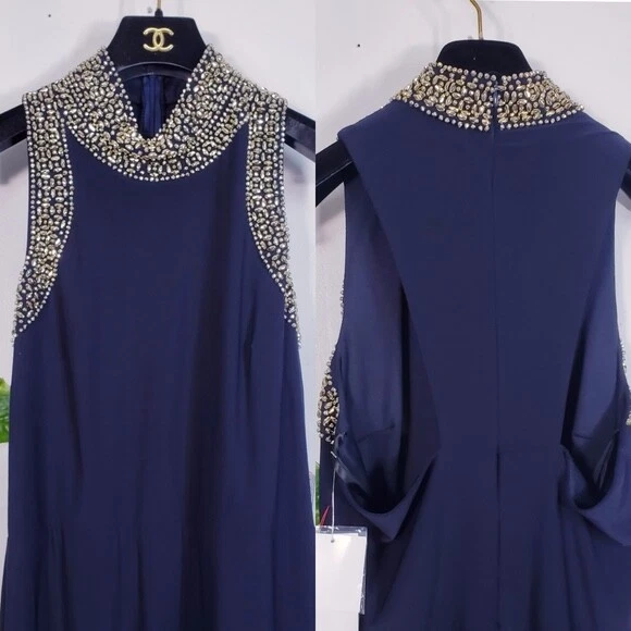 Vestido formal de graduación, con cuentas, lentejuelas doradas, espalda abierta, azul marino, talla 1, Blondie Nites Foto 3 de 4