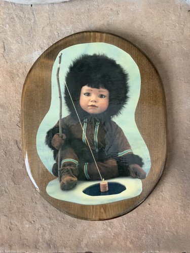 Vintage Decoupage Eskimo Inuit Wall Art Toddler Fishing Wood 1996 Handmade - Picture 12 of 12
