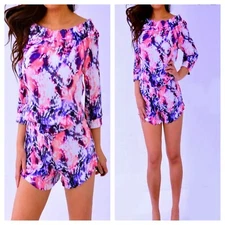 RAISINS Pink Purple Crinkle 3/4 Sleeve Romper Jumpsuit Shorts Medium M