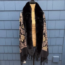 La Fiorentina Elegant Black and Gold Scarf with Fringe and faux fur embroidered