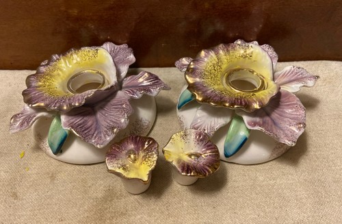 Pair Vintage MCM Ceramic Floral Candlestick Holders W/Napkin Rings - Picture 5 of 11
