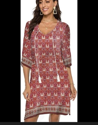 HALIFE Red White Orange Floral Tasseled Shift Dress V-Neck Knee 3/4 Sleeve L